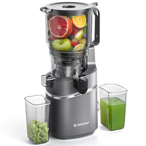 AMZCHEF Licuadora para Verduras y Frutas con 2 Modos de Velocidad - Licuadora Prensado en Frio con Función Inversa - Extractor de Zumos y Verduras con Botella Portátil y 2 Tazas - Plata Juicer