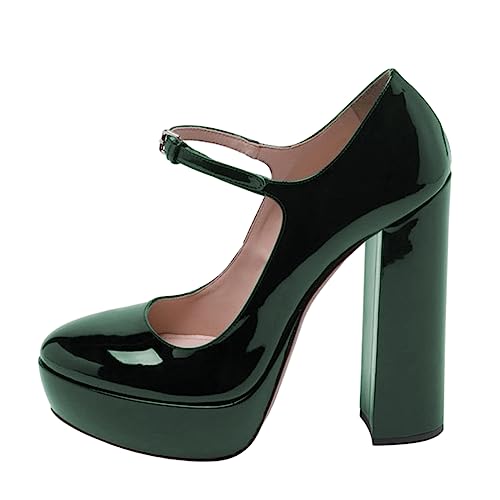 FOWT Women Black Round Toe High Chunky Heel Platform Pumps Adjustable Thin Mary-Jane Strap with Sliver Buckle Heels Trendy Solid Colour Patent Leather Shoes for Ladies Party School Office 4-16 US Size4