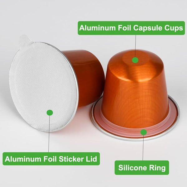 100 cápsulas vacías rellenables de aluminio para cápsulas de café, juego con cápsulas y tapas para tus propias tazas de café espresso