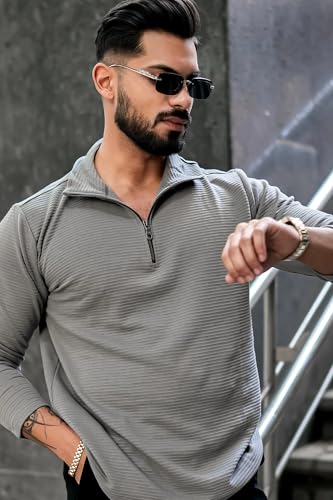 Image of KAJARU Men's Quarter Zip Pullover T-Shirt, Textured Ribbed Long Sleeve, Casual Mock Neck