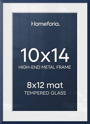Image of Homeforia 10x14 Picture Frame Navy Blue, High End Metal 10x14 Wall Hanging Frame with Mat 8x12, 10 x 14 Poster Frame Matted to 8 x 12 inch Photo, 10by14 Thin Frames, Tempered Glass, Wall Kit, Set of 1