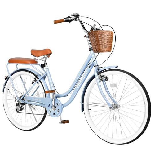 EISYROOD 26 Inch Beach Cruiser Bike for Women, Hybrid Womens Bike with 7 Speed, Adjustable Seat, Lightweight Women Beach Cruiser Bike with Anti-Skid Tires, V-Brakes (Blue/Double Bar)