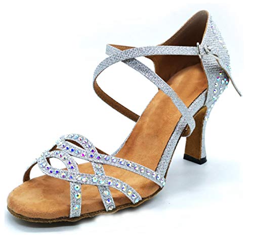 Chaussures de salsa latine pour femme en argent L360 avec strass et talon de 8 cm