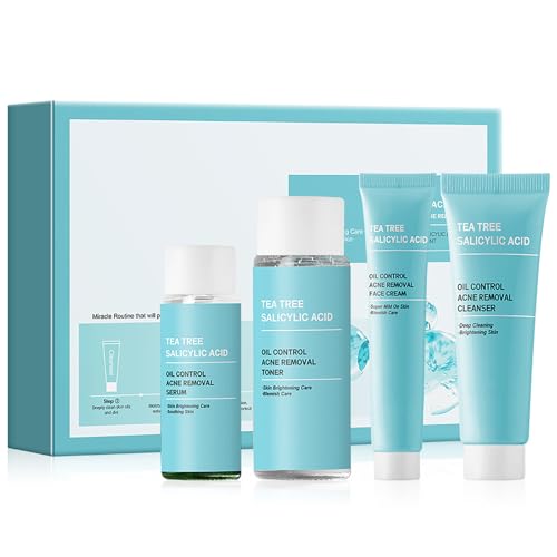 Tea Tree Acne Skin Care Sets & Kits - Salicylic Acid Acne Removal Skincare Set - Teen Skincare Gift Set With Cleanser, Toner, Serum, Cream - Complete Acne Treatment Kit for Oily, Acne-Prone Skin