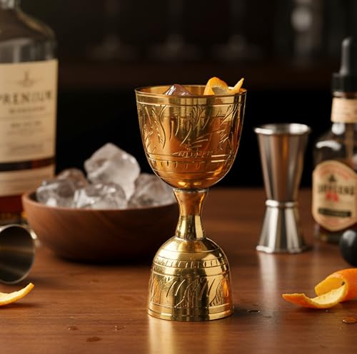 Image of eSplanade Brass Liquor Peg Measuring Glass Jigger Bar Tool - Double Sided - 30 and 60 ml - Golden Engraved