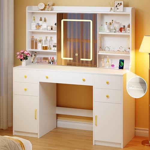HUAHUU Vanity Desk with LED Lights & Sliding Mirror, Makeup Vanity with Lights, Power Outlet, White...