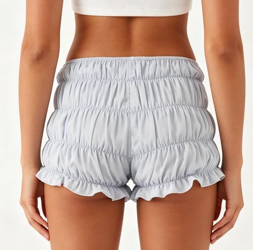 Image of NUFIWI Women's Y2k Ruched Mini Shorts Low Waist Ruffle Frill Bloomers Lounge Pajamas Smocked Micro Shorts Sleepwear