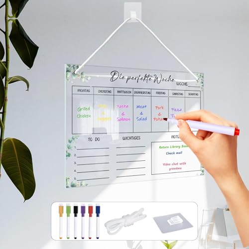Acryl Wochenplaner mit 6 Whiteboard-Stiften, Abwischbare Wandtafel aus Glas, 30x20cm, Haushaltsplan mit To-Do Liste, Notizen, Wichtiges, Inkl. Aufhängevorrichtung