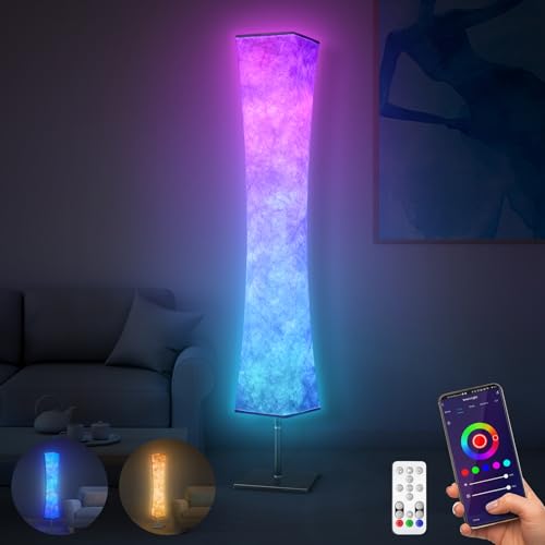 Torchlet RGB Led Smart Lamp Alexa APP Control, Color Changing Modern Floor Standing Lamp with DIY Mode, Music Sync and White Fabric Shade for Living Room Bedroom Game Room