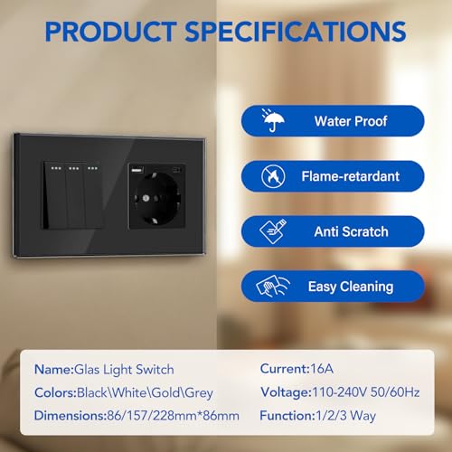 BSEED Lichtschalter mit Steckdose 3 Fach 1 Weg,Wandschalter mit 16A Schuko Steckdose mit USB Anschluss (Max. 2.1A) Typ C Port Schwarz,Physische Unterputz Wandschalter mit Steckdose- 157mm
