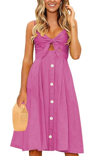 Image of ECOWISH Women 2026 Summer Dresses Tie Front V-Neck Spaghetti Strap Button Down A-Line Backless Swing Midi Dress