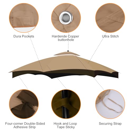 10 x 12 Replacement Gazebo Canopy Top for Lowe\'s Allen Roth Gazebo Double-Tier Gazebo Roof Cover with Air Vent Heavy Duty Canopy Roof Gazebo Top 10X12 Gazebo Cover for Shop, Garden, Yard (Khaki)