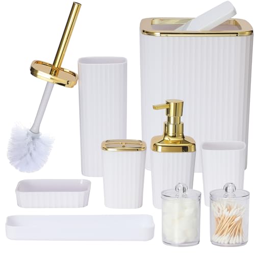 Bathroom Accessories Set,9 Piece White Bathroom Sets Complete with Toothbrush Holder, Trash Can, Lotion Soap Dispenser, Toothbrush Cup, Vanity Tray, Soap Dish, Toilet Brush, Qtip Holder for New Home by Viowil - Used condition - US$37.03