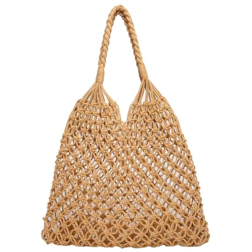 Bolsa Feminina em Macramê. Bolsa de Ombro Estilo Rede Trançada Casual Verão (Bege/Off White) (Bege)