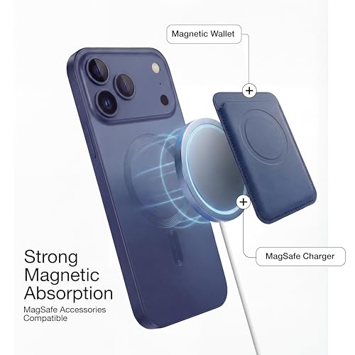 Image of amazon basics Premium Mag-Safe Case for iPhone 17 Pro | Shockproof & Anti-Scratch Cover | Soft Silicone with Wireless Charging | Camera Lens Guard - Blue