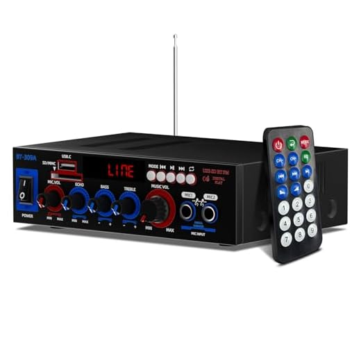 Amplificador Audio 800W, HiFi Estéreo Bluetooth 5.0 para Potencia Nominal 30W+30W, SD card/USB input/FM Radio/Microfonos, para PC, TV, Automoviles Hogar (309A)