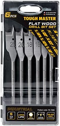 TOUGH MASTER Spade Drill Bits Set, 6 Piece ¼ Inch Quick Change Hex Shank, 10mm, 12mm,16mm, 18mm, 20mm, 25mm Flat Wood Drill Bits with Plastic Carry Case