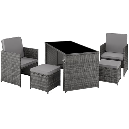 TecTake® Conjunto Jardín Exterior de Ratán y Acero, Muebles Jardín Exterior Resistente a la Intemperie, 2 Sillones Plegables, 2 Taburetes, 1 Mesa con Cristal, con Cojines y Abrebotellas - Gris