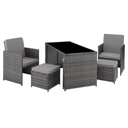 TecTake® Ensemble Salon de Jardin Exterieur 4 Places en Poly Rotin 2 Fauteuil Salon, 2 Tabouret Pouf et 1 Table de Jardin, Coussins Inclus, Mobilier de Jardin pour Amenagement Balcon Terrasse