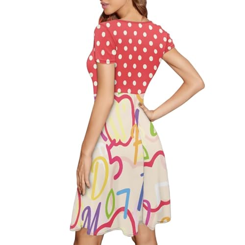 Allinterest Women Round Neck Dress for Work Polka Dot Apple Letter Print Short Sleeve Summer Casual Plus Size Midi Dresses — view 6