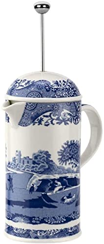 Spode Blue Italian French Press | 28-Ounce Capacity | Espresso, Coffee, and Tea Maker | Porcelain Cafetiere | Stainless Steel Plunger | Dishwasher Safe (Blue/White)
