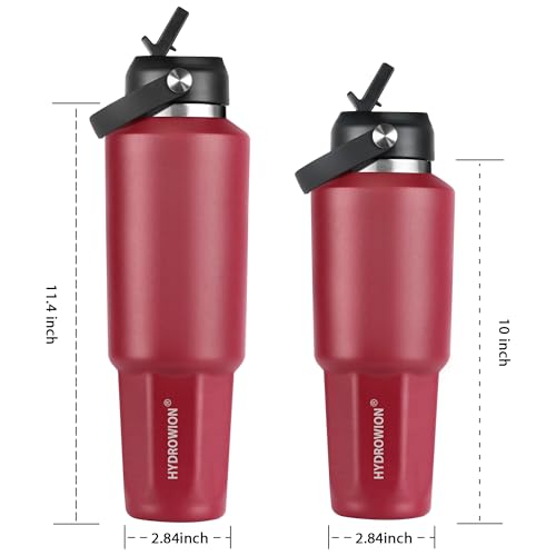 Image of HYDROWION 32 oz Insulated Water Bottle, Car Water Bottle Holder - Double Wall Vacuum Insulated Travel Bottle with Straw Lid, Spout Lid and Flex Cap - Cold for 24H, Hot for 12H, Blue - Red