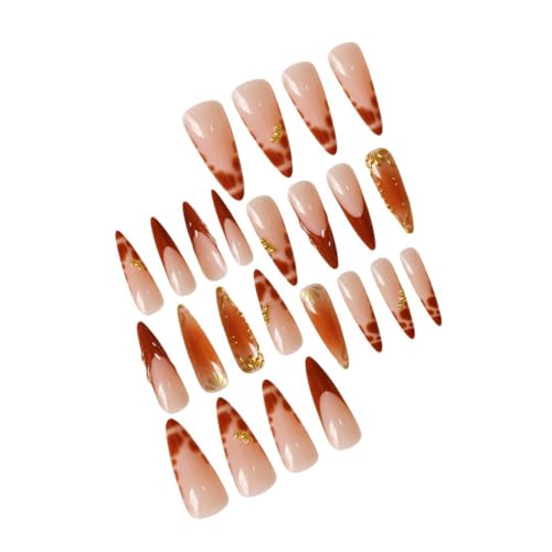Image of Brown Press on Nails Medium Almond Fake Nails French Tip False Nail with Gold Design Ombre Glue on Nails Reusable Artificial Acrylic Full Cover Stick on Nail for Women Manicure 24Pcs