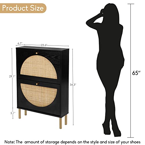 Pvillez Natural Rattan Shoe Cabinet, Modern Free Standing Shoe Racks Storage Cabinet With 2 Flip Drawers And Storage Shelves, Narrow Shoe Rack Cabinet For Entryway, Hallway, Bedroom, Black #TOP1