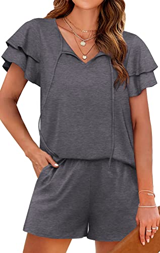 Two Piece Outfits For Women V Neck Summer Sets Short Sleeve Tracksuit Casual Grey S #TOP1