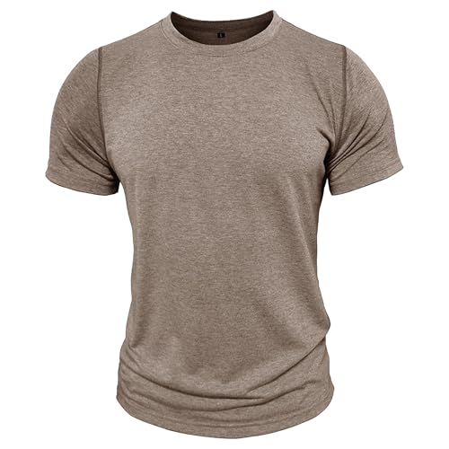Men Classic Comfy Round Neck Henry T-Shirt Short Sleeve Solid Athletic Shirt Summer Casual Sport Pullovers Tops (Khaki,Medium)