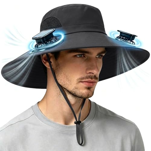 Solar Powered Fan Hat for Men Women Wide Brim Hat with 2 Fans UPF 50+ Outdoor Fishing Beach Sun Hat Black