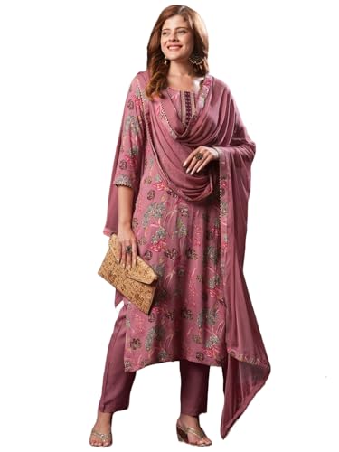 Liva Fashion Indian Women's Rayon Viscose Straight Printed Kurta with Pant and Dupatta Set (VICE PEACH-LFN_4XL_Peach)