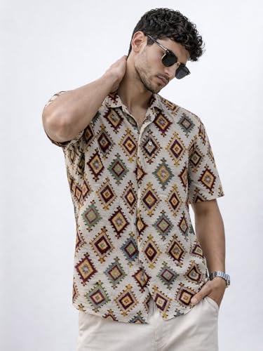Image of Veirdo Men's Printed Camp Collar Shirt, Oversized Fit, Short Sleeve Casual Resort Wear, Button-Down Summer Shirt for Men, Cotton Fabric (Sizes S to 2XL)