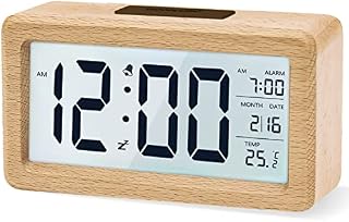 aboveClock Drewniany cyfrowy budzik LED, cyfrowy zegar bez tiku z wyświetlaczem daty, temperatury, funkcją drzemki, zasilany baterią3 baterie AAA wymagane