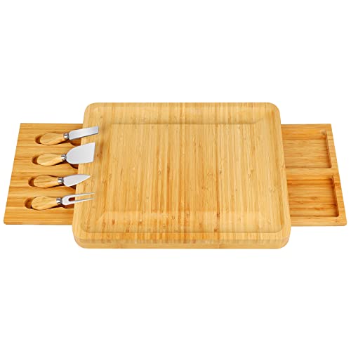 Bamboo Cheese Board and Knife Set, Cheese Servers with Hidden Drawer, Charcuterie Platter, Multi-functional Cheese Serving Tray for Wine, Crackers, Brie and Meat