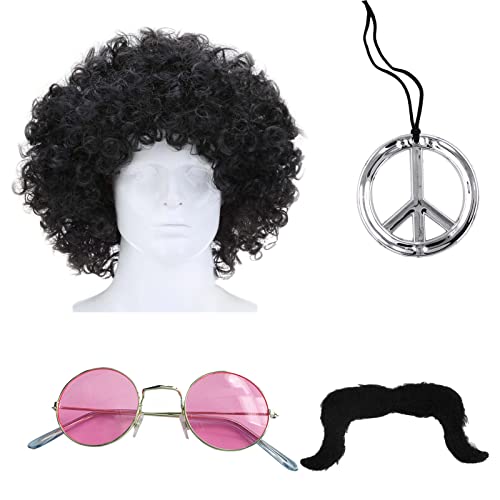 4Pcs Hippie Costume Men Accessories - Afro Wig, Moustache, Peace Sign Necklace & Sunglasses - 50/60/70S Fancy Dress