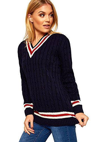 WearAll Ladies Knitted V Neck Cable Cricket Jumper Long Sleeve Womens Striped Top Navy Blue 12/14