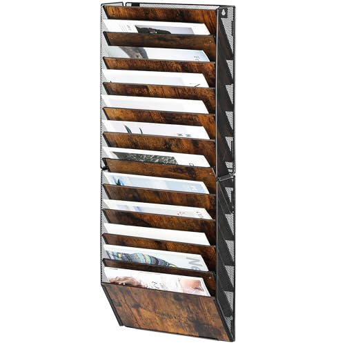 Solinxe 12-Pocket Wall File Organizer, Wood Mail Organizer Wall Mounted Paper Document Magazine Holder, Hanging Clipboard Storage Basket for Office Home School Organization, Black/Antique