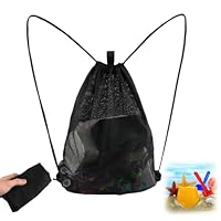 Mesh Strandtasche, Groß Sandspielzeug Tasche Netztasche Strand(45×60CM),Tragbar Netzrucksäcke mit Kordelzug, Sommer Aufbewahrungsnetztasche für zum Schwimmen, Tauchen, Reisen und Fitness-Schwarz