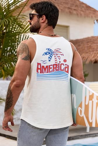 Image of VOGSTART Mens Graphic Muscle Tank Top Beach Slub Cotton Sleeveless Shirts