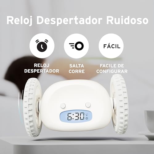 Despertador digital con ruedas Clocky blanco para dormitorios 3
