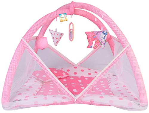 Image of Kwitchy Baby Bedding Set New Born Baby Bed | Mattress | Mosquito Net | Play Gym | Playmats | Floor Gym | Cotton | Infants | Gift Pack | Bed with Hanging Toys (0-6 Months) Pink