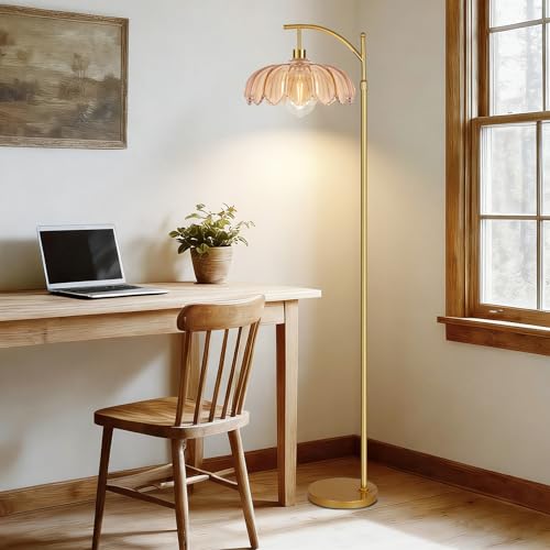 Image of QIYIZM Floor Lamp for Living Room,Bedroom,Gold Dimmable Standing Lamp with Remote,Mid Century Modern Brass Tall Lamp Retro Vintage Glass Lamp Floor Light Boho Bohemian