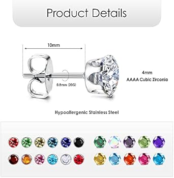 DOCHAIS 9 paar oorbellen voor vrouwen en meisjes, roestvrij staal, hart, meerkleurig, bloem, vlinder, CZ oorbellen, hypoallergeen, schroefoorbellen, 0,8 mm x 6 mm, Zirkoon