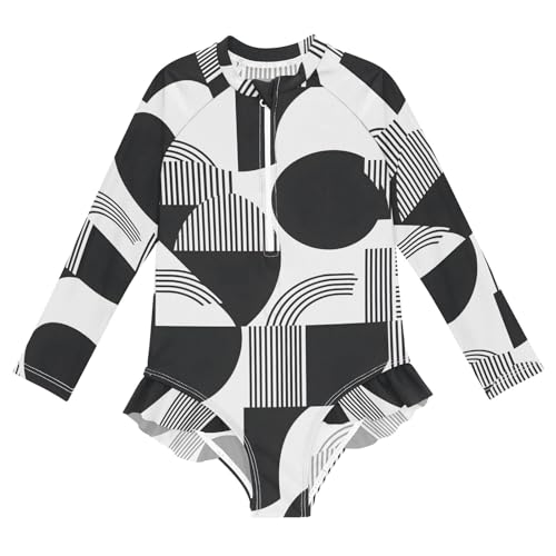 ALAZA Swimsuit for Girls Long Sleeve Rashguard Bathing Suit Black White Line Quick Dry 4T