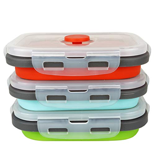 Image of ECOmorning 3 Piece Silicone Food Storage Containers Collapsible Silicone Bowl with Airtight Silicone Lids, Collapsible Lunch Box - Microwave, & Freezer Safe, 350ML