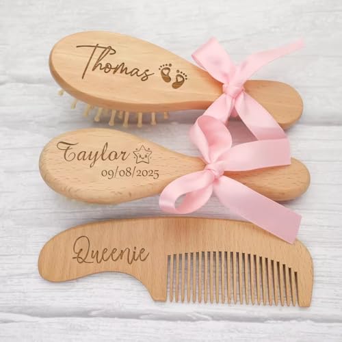 Personalisiertes Baby-Haarbürsten- Und Kamm-Set Für Jungen Und Mädchen, Neugeborene, Individuelles Holz-Haarbürsten-Set Für Kleinkinder Mit Weichen Ziegenborsten, Ka...