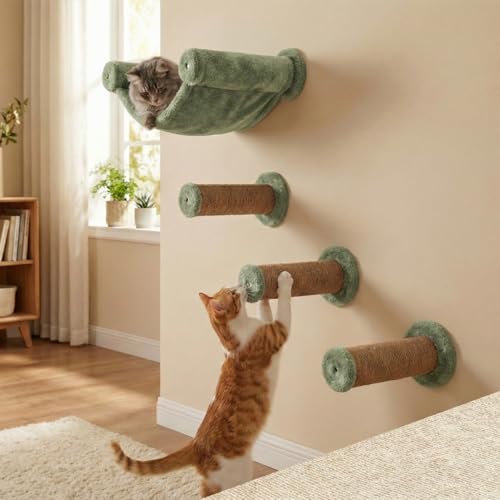 Image of Wall-Mounted Cat Scratching Poles, Natural Jute, Blue Plush Ends, Space-Saving Design (10X5 INCH) (FURR-155) (Green)