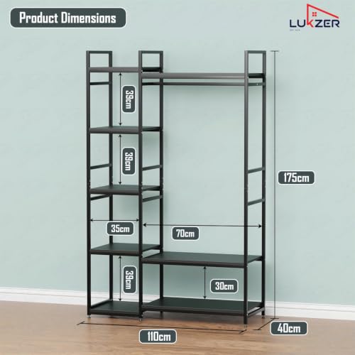 Image of Lukzer Heavy Duty Garment Rack with 8 Shelves & Hanging Rod | Free-Standing Modern Clothes Stand Metal & Engineered Wood Shoe Rack with Adjustable Foot Pads for Living Room - MMR-004 /Black & Black