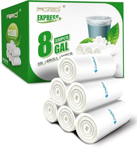 FORID Medium Clear Trash Bags - 8 Gallon Garbage Bags 330 Count Unscented Strong Plastic Trash Bin Liners for Kitchen Home Bedroom Office Bathroom Wastebasket Cans 6 Roll 30 Liters